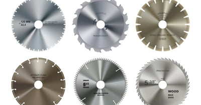 A collection of six different circular saw blades with differing tooth geometry and metallic finishes.