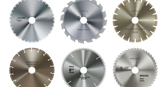 A collection of six different circular saw blades with differing tooth geometry and metallic finishes.