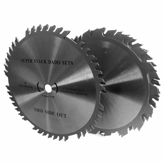 8-inch Super Stack dado set – two 42-tooth outside blades, six chippers, and brass shim pack laid out
